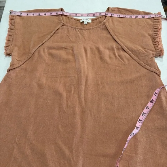 Umgee Linen Blend Top Short Sleeve Pintuck Fringe Hems Peachy Tan Women’s Size M - Picture 4 of 9